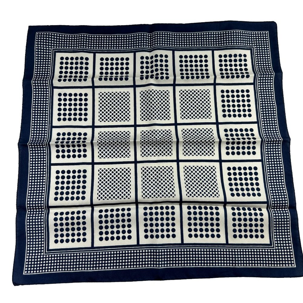 Vintage Ray Strauss Scarf Italy Navy Blue White Checkerboard Squares 19.5 Square